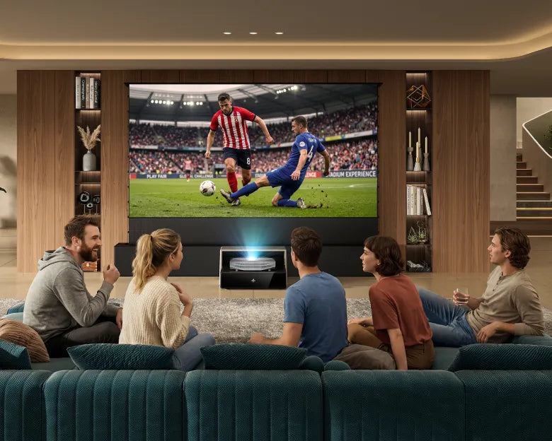 Group watching a soccer game on a large projector screen in a modern AWOL Vision living room cinema.