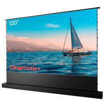 120 inch AWOL Vision Cinematic+ ALR floor rising projector screen with an image of a sailboat on a sunny day.