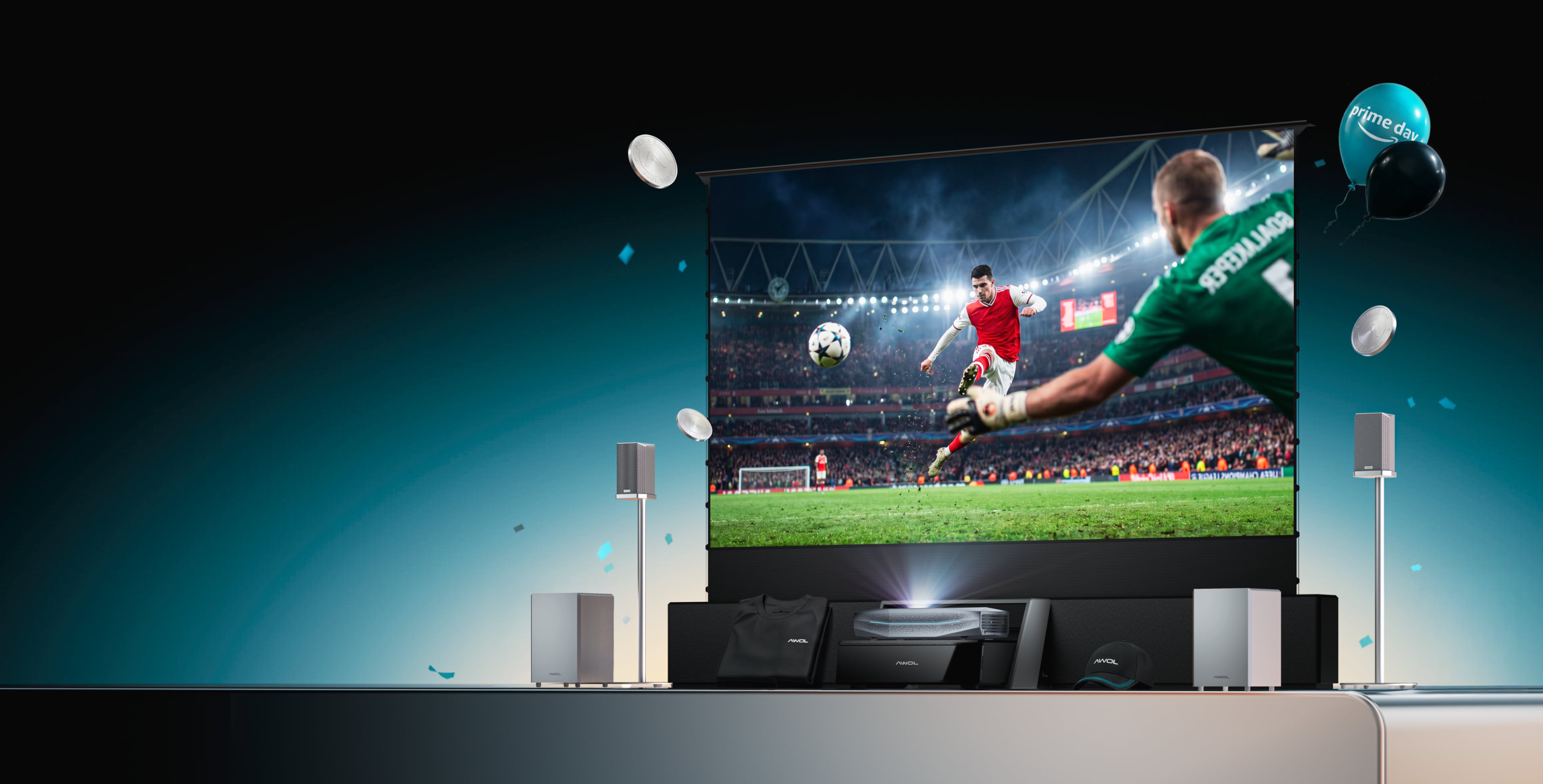 AWOL Vision Prime Day projector setup showing a soccer match on a large screen with speakers, accessories, and game day bundle items.