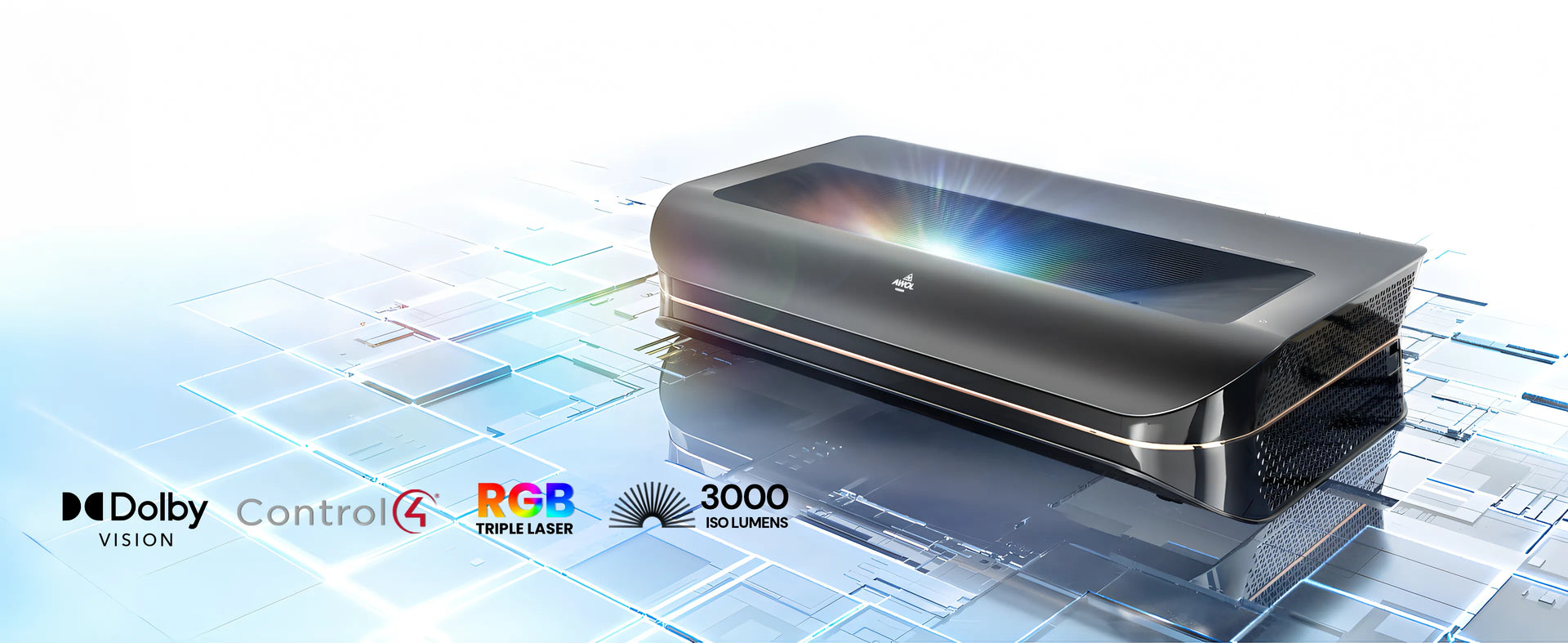 AWOL Vision LTV-3500 Pro, the brightest 150-inch 4K 3D RGB laser projector featuring Dolby Vision and Control4 compatibility, perfect for upscale home cinemas.