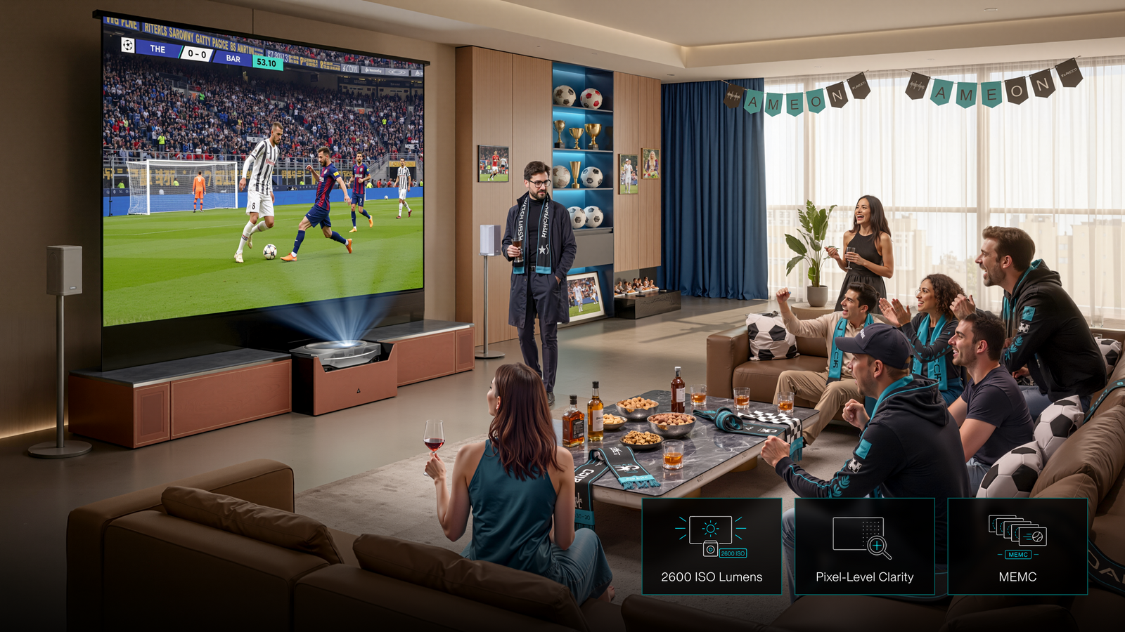 Sports match day living room watch party with AWOL Vision Aetherion projector bundle.