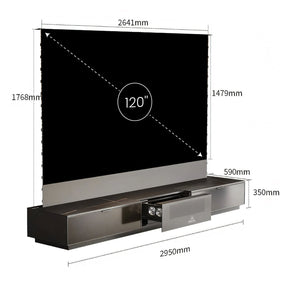 Detailed dimensions of AWOL Vision Laser TV setup with 120-inch motorized screen, smart cabinet, and laser projector for home installation.