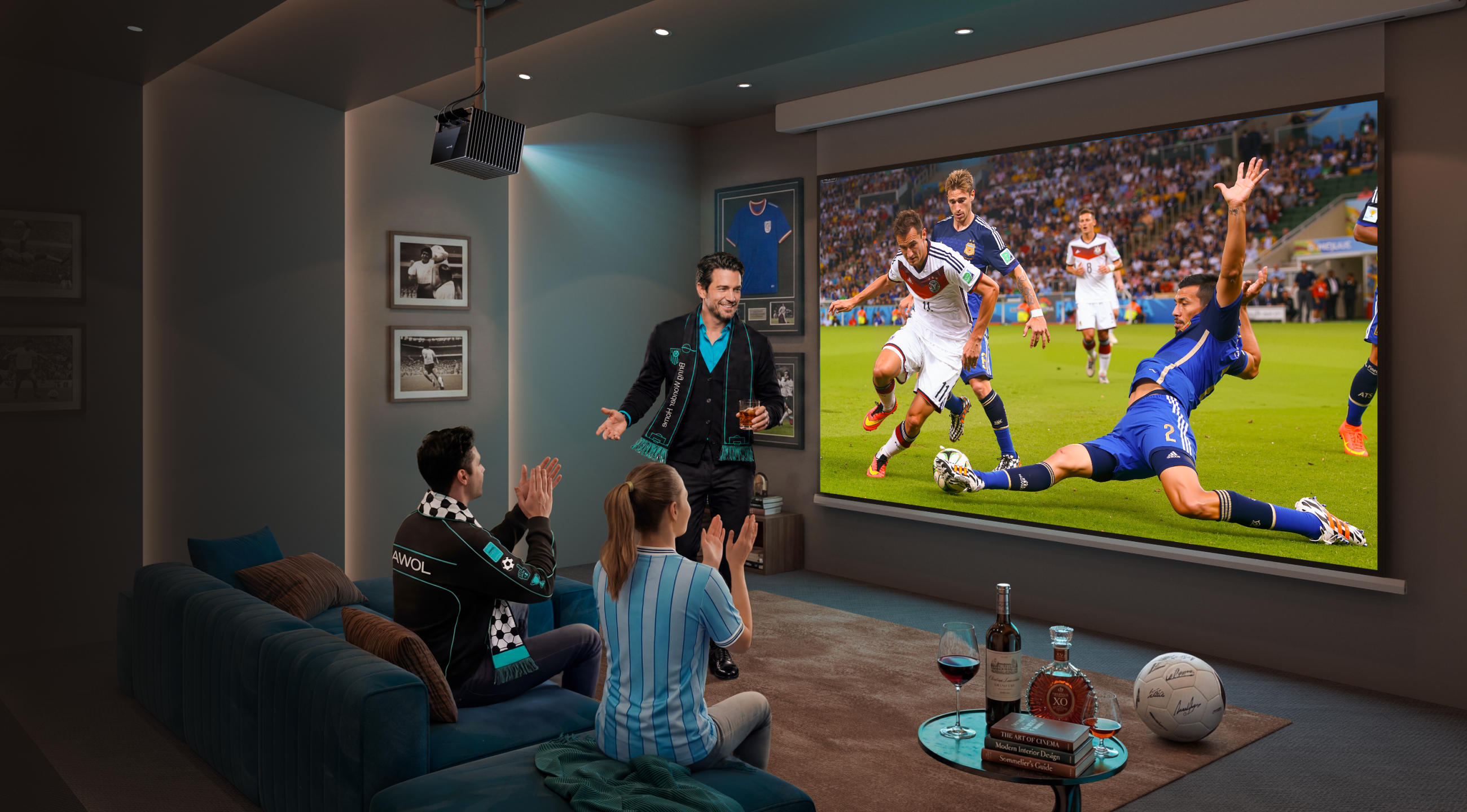 AWOL Vision game day projector setup showing sharp soccer action for immersive sports viewing. 