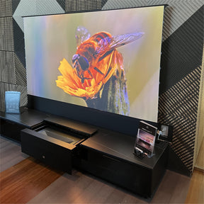 The AWOL Vision Vanish Laser TV displays ultra-fine images of bees on flowers on a large screen, highlighting display clarity and vibrant color reproduction.