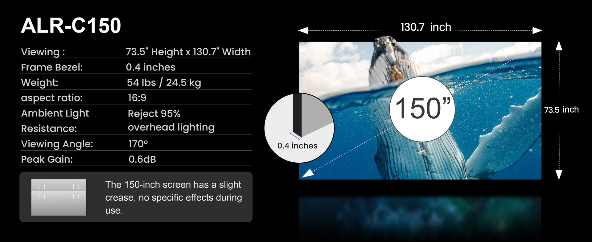 Cinematic ALR 150-inch screen specifications including dimensions, frame bezel, weight, aspect ratio, and ambient light resistance.
