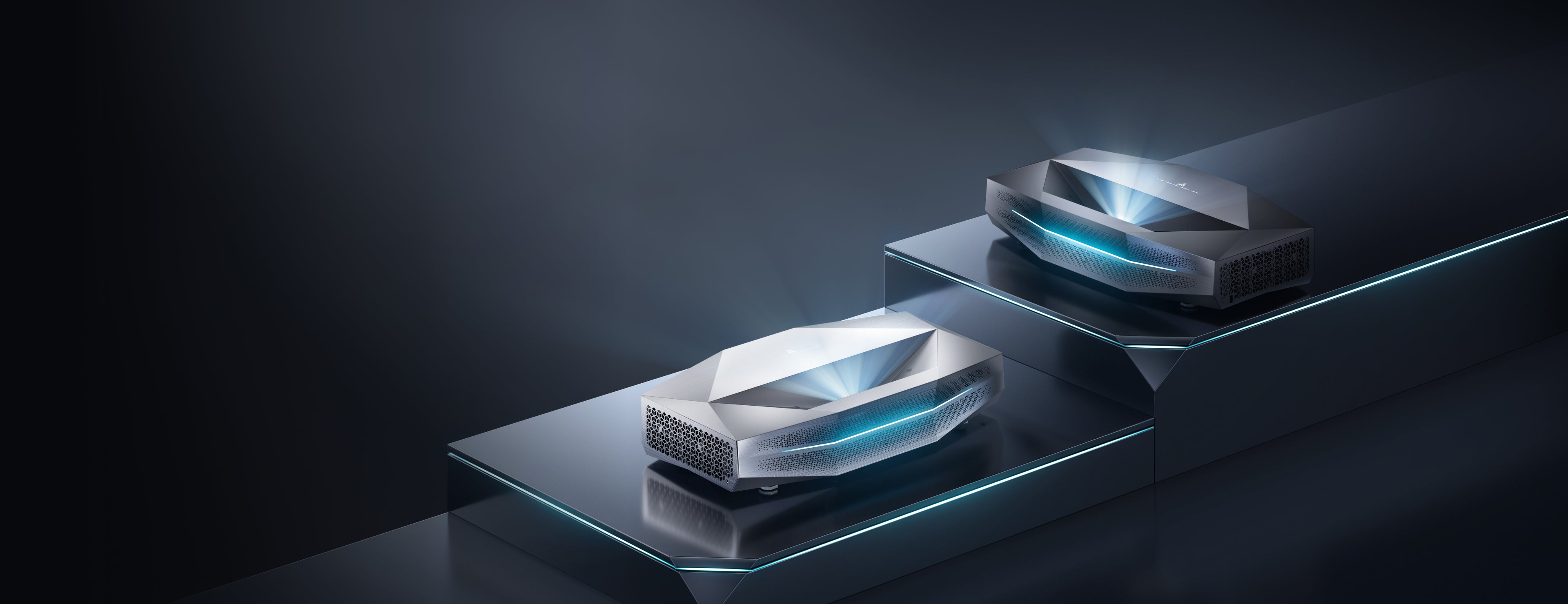 AWOL Vision Aetherion Series ultra short throw 4K triple laser projector displayed in a modern living room with cinematic lighting.