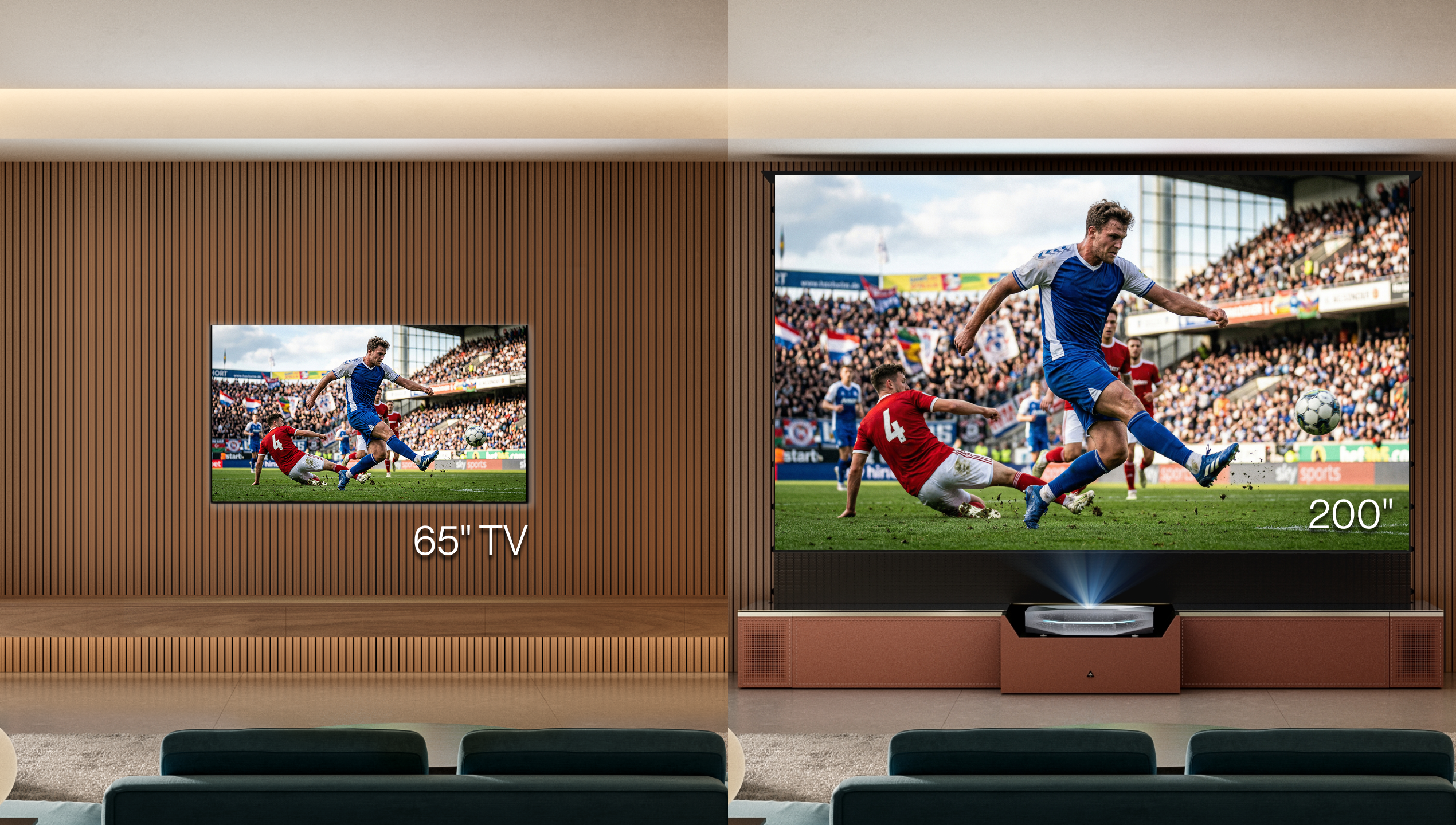 AWOL Vision game day projector showing a 200-inch soccer game compared with a 65-inch TV. 