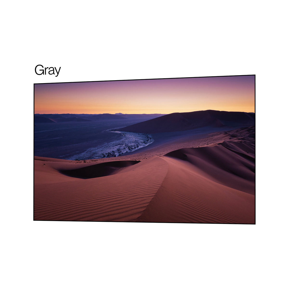 CineContrast gray fixed-frame projector screen displaying a vivid desert landscape.