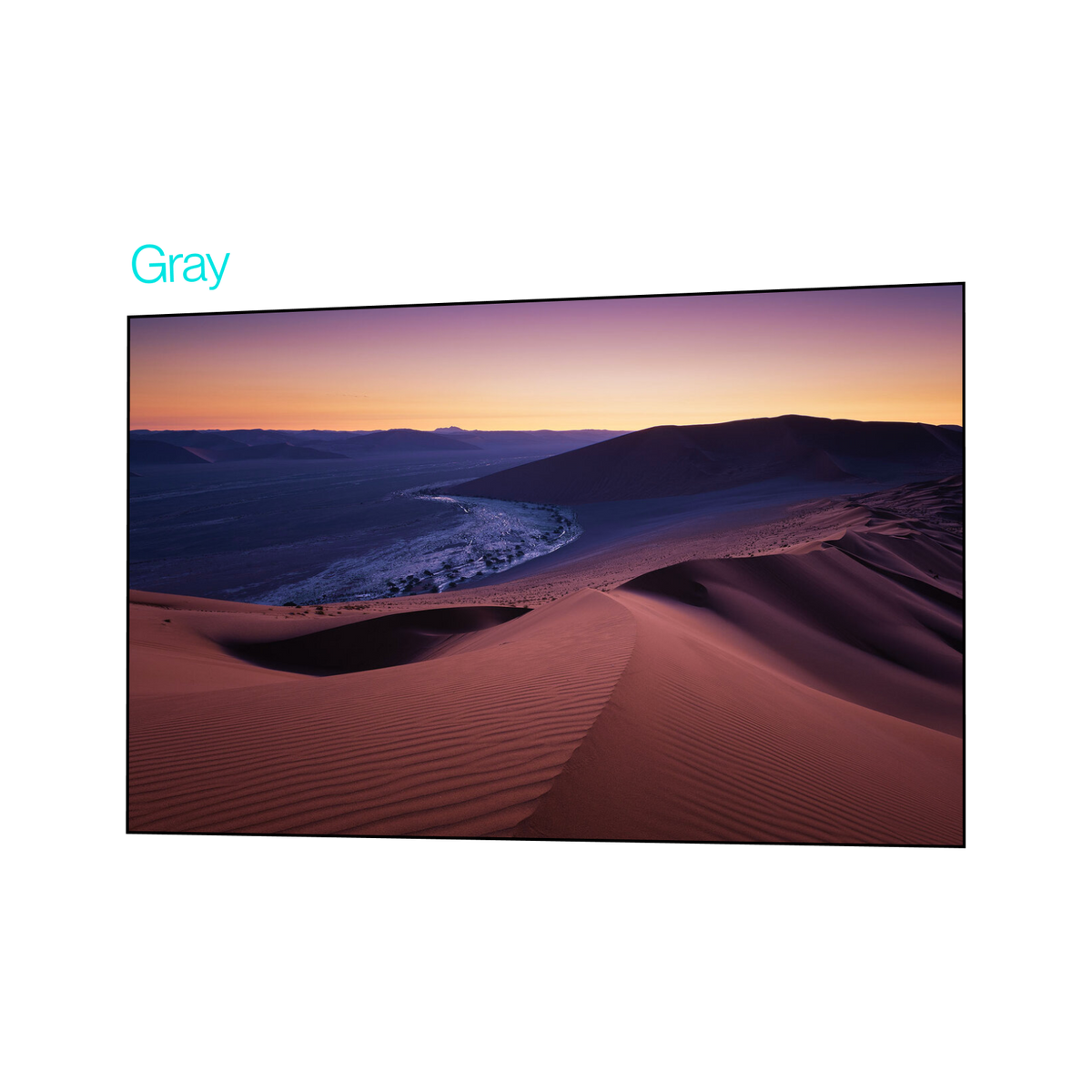 CineContrast gray fixed-frame projector screen displaying a vivid desert landscape.