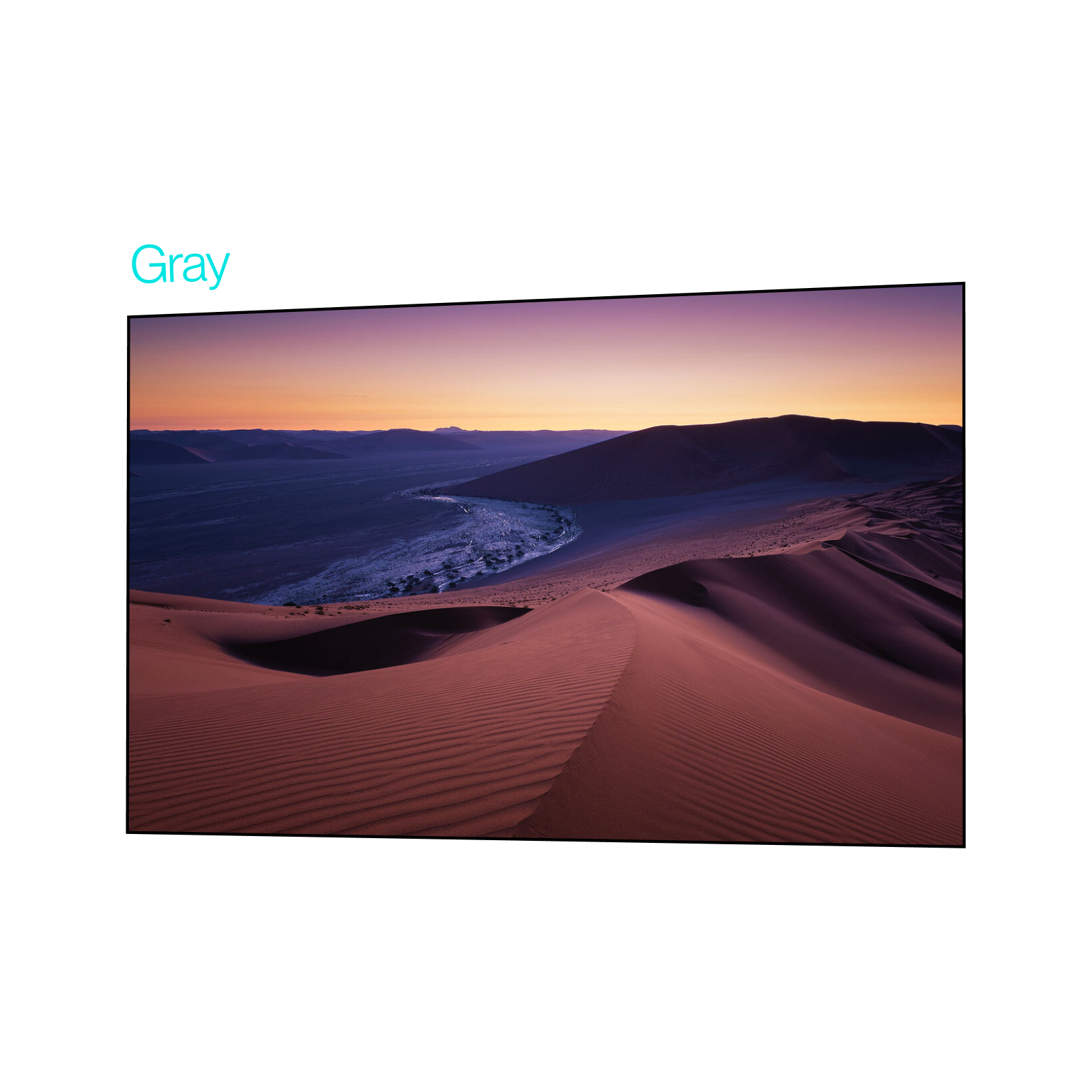 CineContrast gray fixed-frame projector screen displaying a vivid desert landscape.