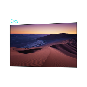 CineContrast gray fixed-frame projector screen displaying a vivid desert landscape.