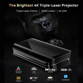 Showcasing the brightest 4K Triple-Laser Projector from AWOL Vision, emphasizing its powerful 3500 lumens output and sharp display.