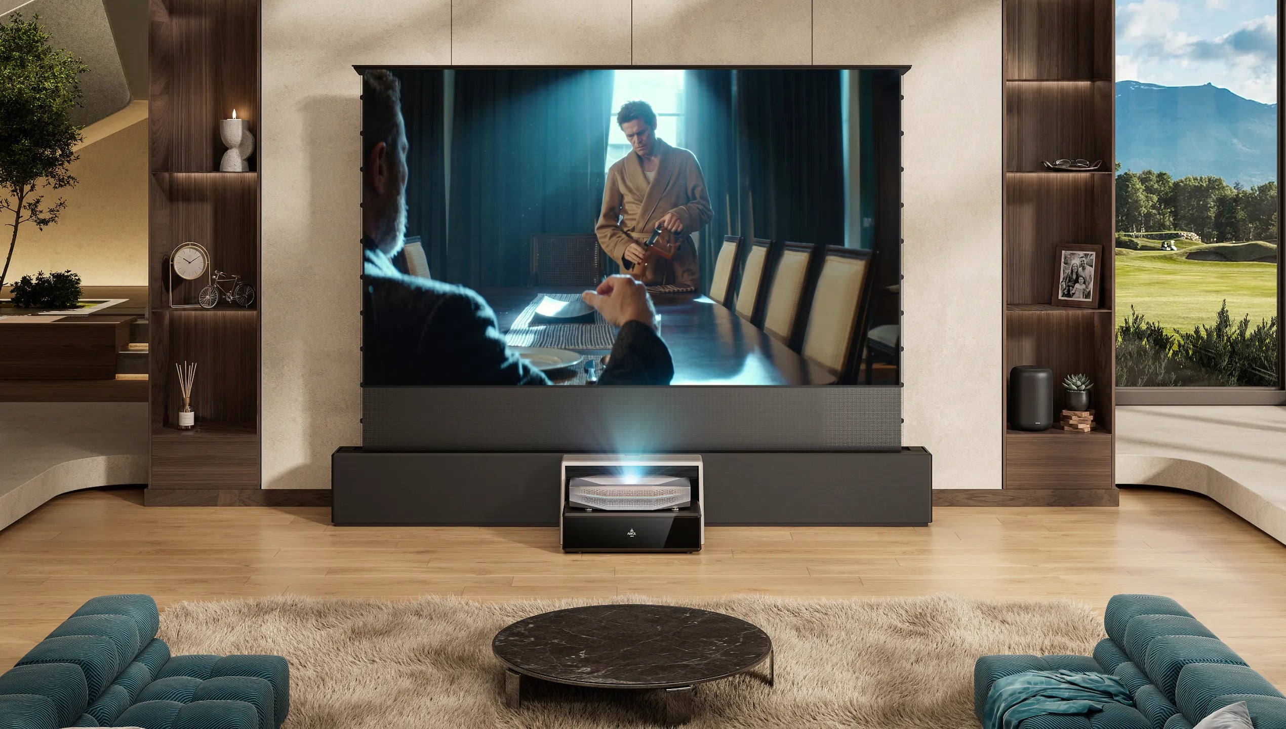 Aetherion Max projector setup with a large screen for movie time in a bright modern living room.
