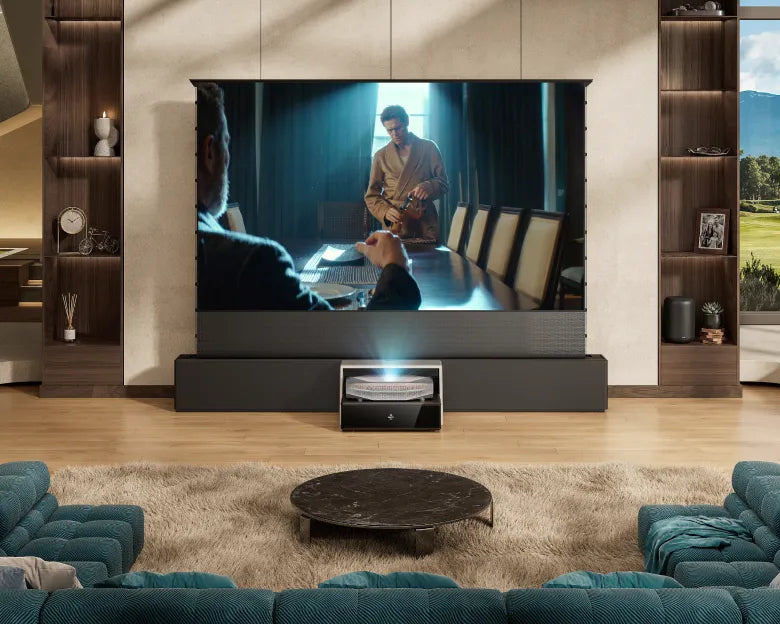Aetherion Max projector setup with a large screen for movie time in a bright modern living room.
