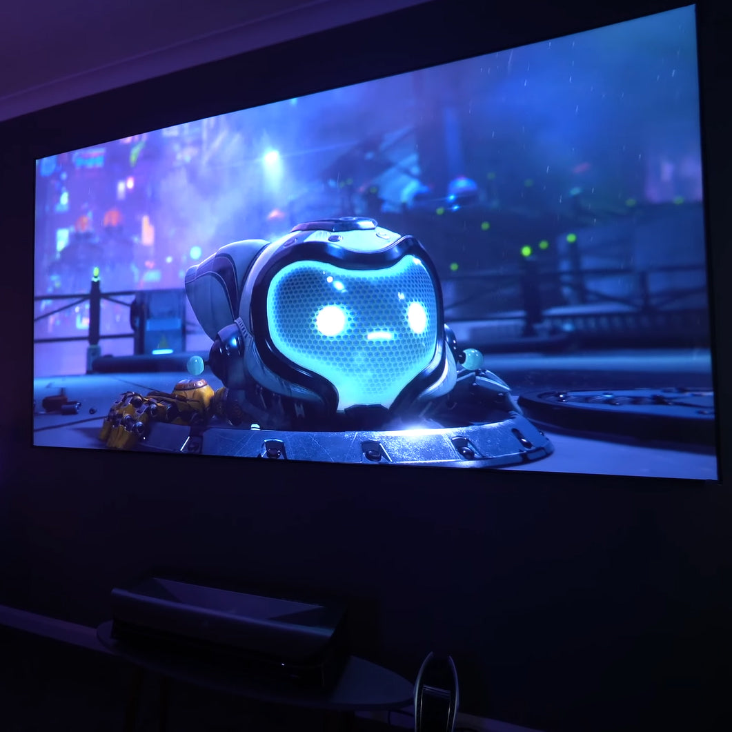 LTV-3000 Pro 4K ust projector displays high-definition video game graphics on a large screen, enhancing the gaming experience.