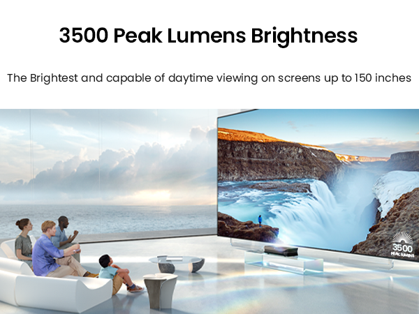 Family enjoying a home theater experience with AWOL Vision LTV-3500 Pro projector and Cinematic+ screen displaying a breathtaking waterfall scene.