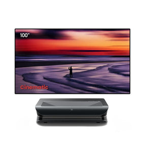 AWOL Vision LTV-3500 Pro with 100" Cinematic Screen, displaying a vibrant sunset beach scene.