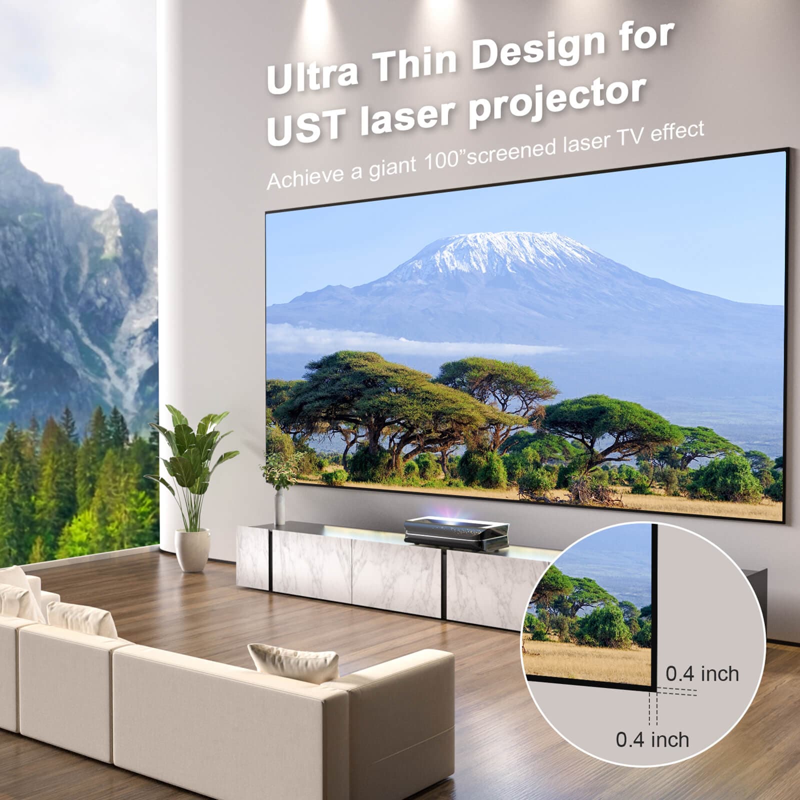 Ultra-thin Daylight ALR screen for laser projectors showing a 100-inch display with a 0.4-inch bezel.