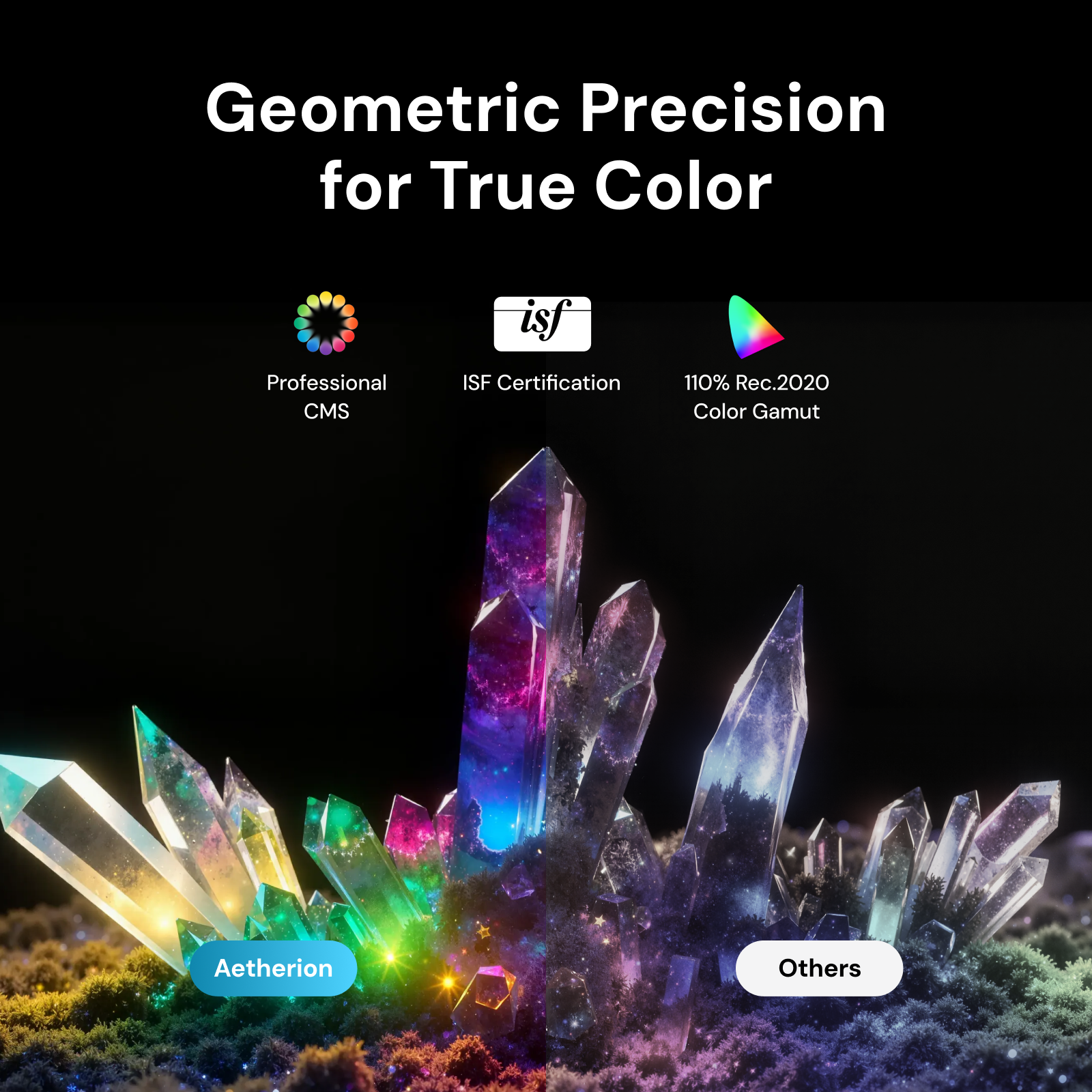AWOL Vision Aetherion Max 4K RGB laser ultra short throw projector color performance graphic with 110% Rec.2020 gamut and ISF certification.