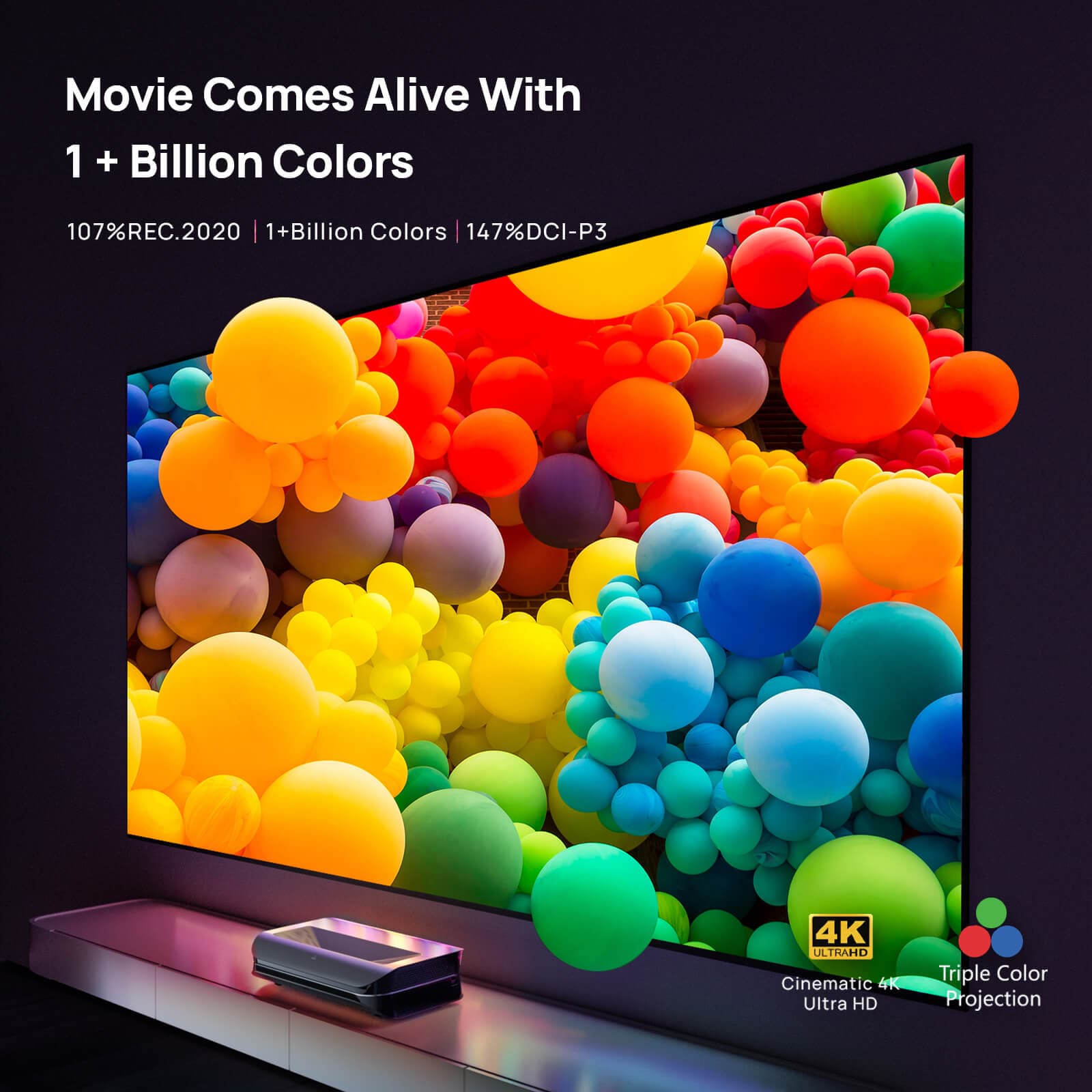 A vibrant display of over a billion colors on a high-definition projector screen, showcasing the exceptional color range of the AWOL Vision projector.