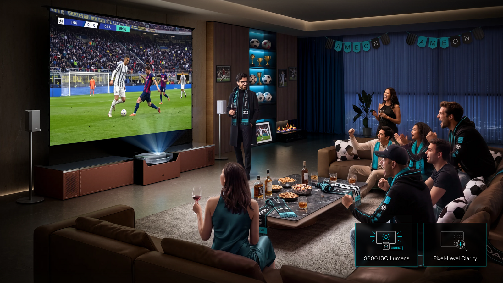AWOL Vision living room match day setup with bright 4K soccer projection for friends and fans.