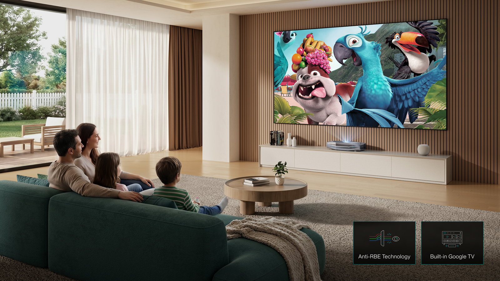 Family watching an animated movie on an AWOL Vision living room projector setup in a bright modern space.