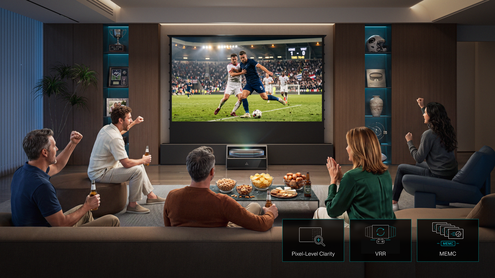 Friends cheering during a soccer match on an AWOL Vision living room cinema setup with a large projector screen.