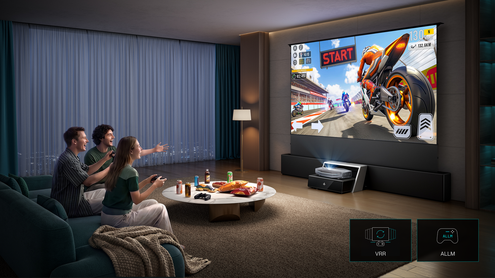 Friends playing a racing game on an AWOL Vision living room cinema setup with a large projector screen.
