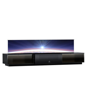 AWOL Vision Laser TV with a motorized screen rising to reveal a cosmic visual display, showcasing the seamless integration and dynamic functionality of the home entertainment.