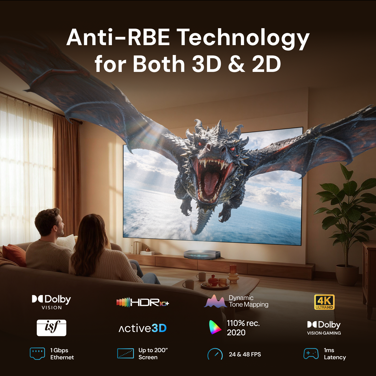 AWOL Vision Aetherion Max 4K RGB laser ultra short throw projector Anti-RBE technology for comfortable 3D and 2D home cinema viewing.