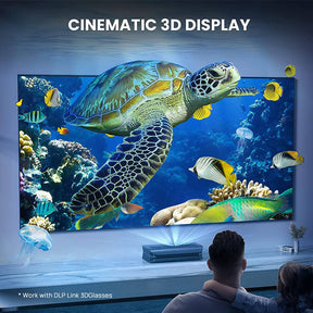 Stunning 3D underwater scene displayed on a projector, featuring rich details and colors, enhancing the cinematic experience at home.