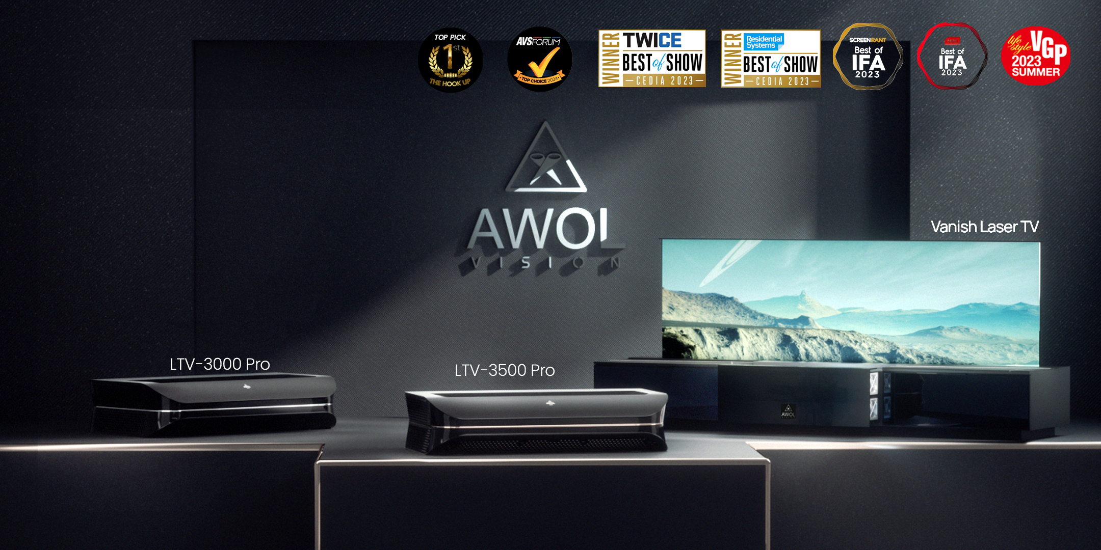 AWOL Vision LTV-3000 Pro, LTV-3500 Pro laser projectors, and Vanish Laser TV are displayed, showcasing multiple industry awards.