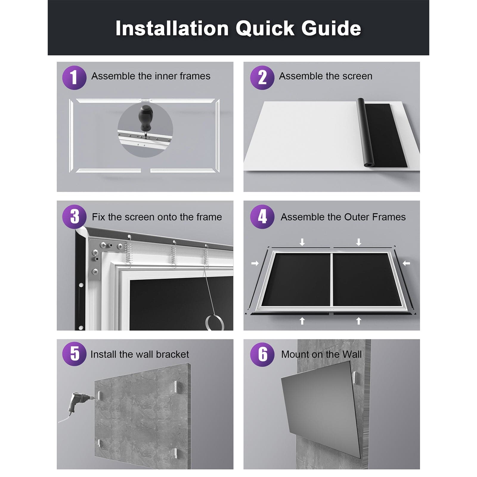 Step-by-step installation quick guide for AWOL Vision projector screen, illustrating frame assembly and wall mounting process.