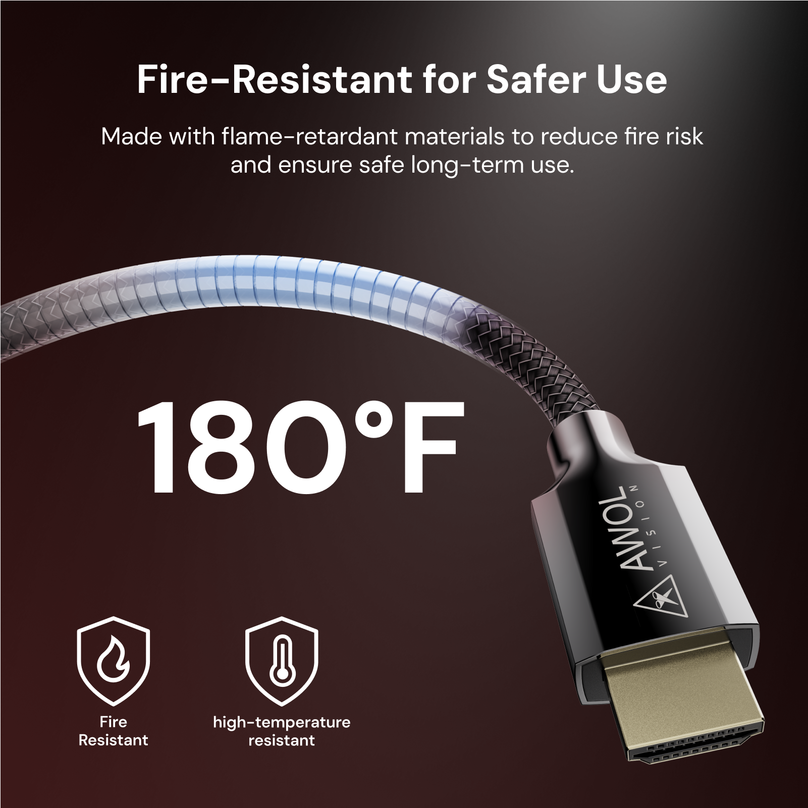 AWOL fire-resistant HDMI cable tested to 180°F with flame-retardant materials for safe long-term use