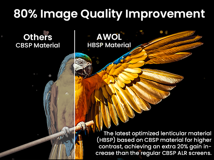 AWOL Vision Cinematic ALR Screen with HBSP material showing an 80% improvement in image quality compared to others.