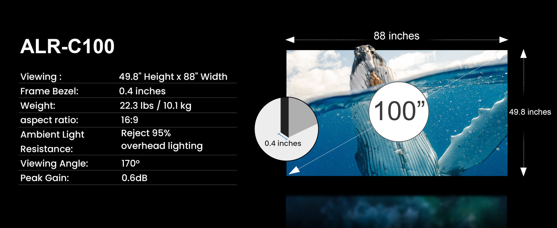 Specifications of Cinematic ALR 100-inch screen including viewing dimensions, aspect ratio, and ambient light resistance.
