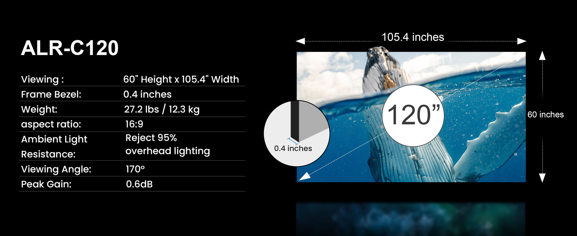Detailed specifications of Cinematic ALR-C120 120-inch screen, including dimensions, frame bezel and viewing angle.