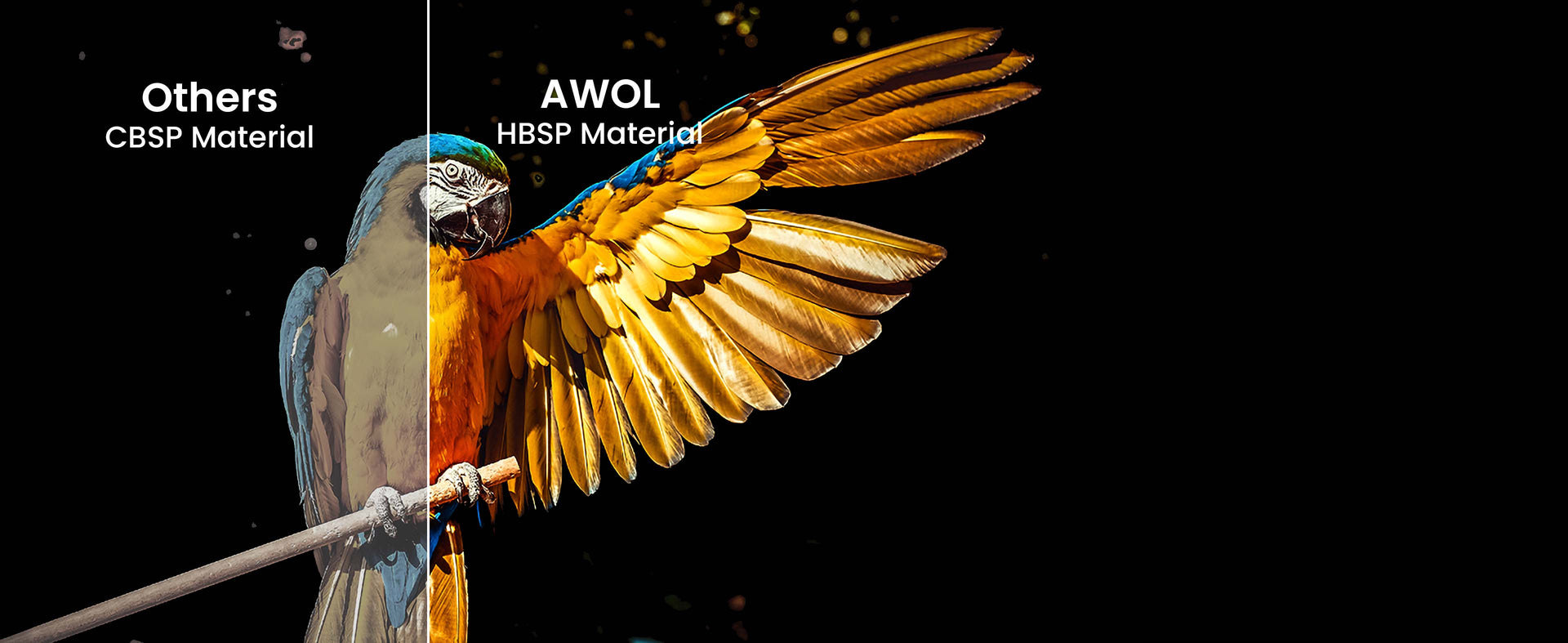 A comparison showing the 80% image quality improvement of AWOL Vision Cinematic ALR Screen using HBSP material.