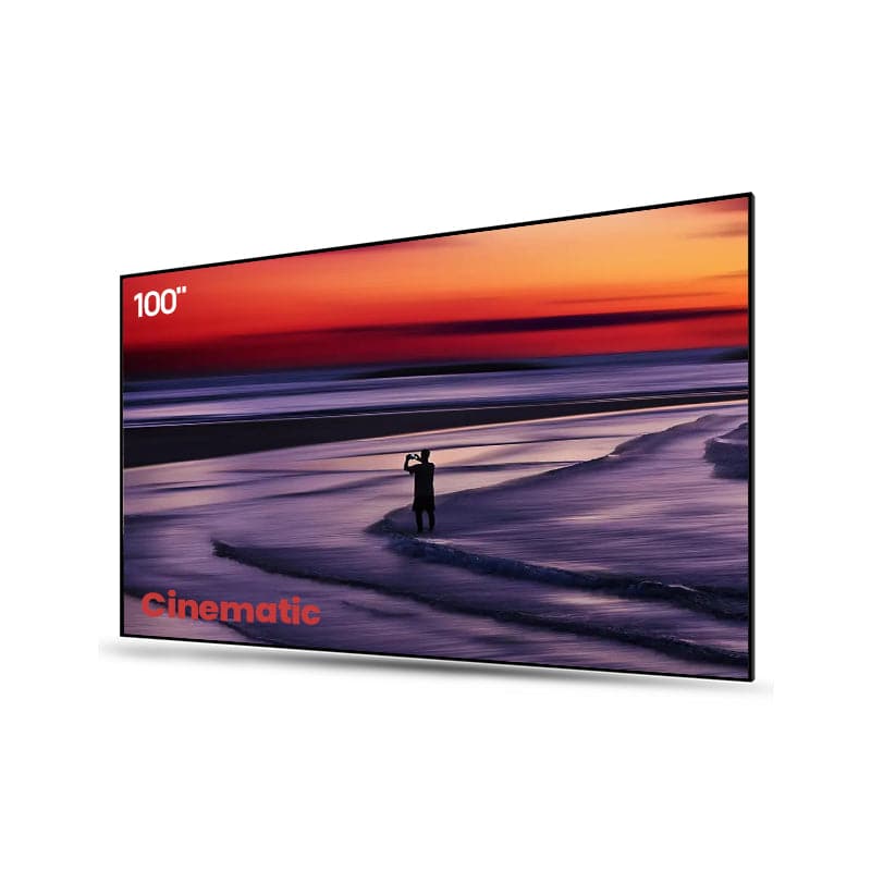 Stunning display of a 100 inch ultra short throw projector screen showcasing a cinematic sunset scene, perfect for UST projectors