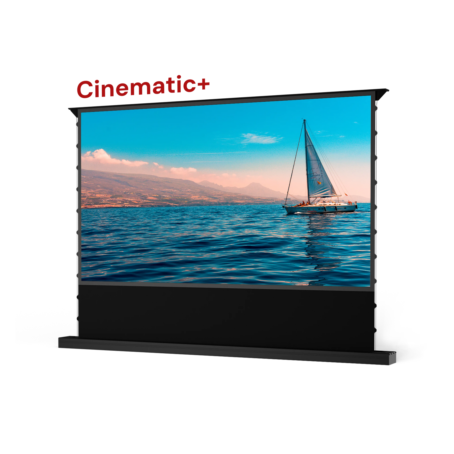 AWOL Vision Cinematic+ ALR motorized floor rising projector screen displays a scenic image of a sailboat on the water.