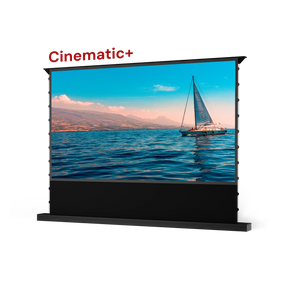 AWOL Vision Cinematic+ ALR motorized floor rising projector screen displays a scenic image of a sailboat on the water.