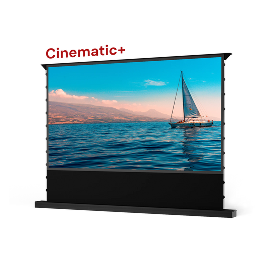 AWOL Vision Cinematic+ ALR motorized floor rising projector screen displays a scenic image of a sailboat on the water.