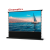 AWOL Vision Cinematic+ ALR motorized floor rising projector screen displays a scenic image of a sailboat on the water.