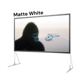 AWOL Vision outdoor portable fold matte white screen angled product view with foldable frame and matte white display surface.