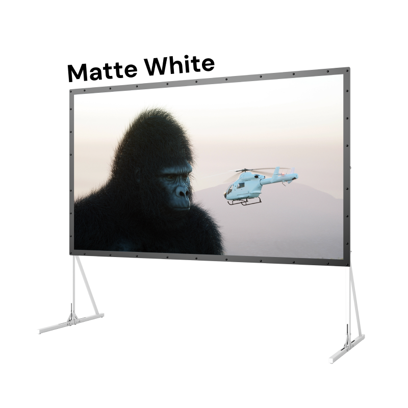 AWOL Vision outdoor portable fold matte white screen angled product view with foldable frame and matte white display surface.