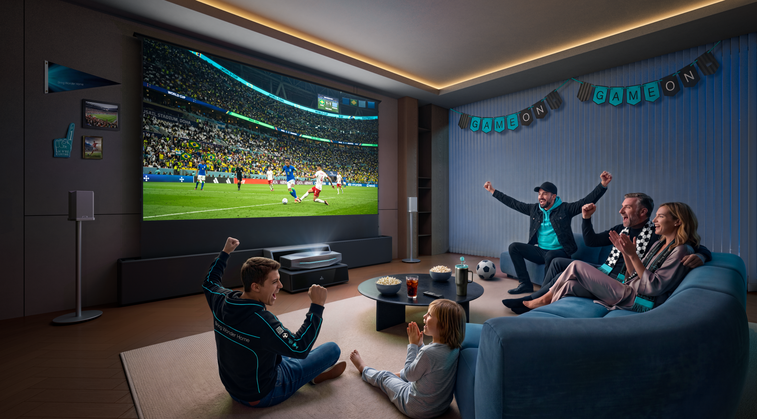 AWOL Vision family game day setup with large-screen soccer viewing in the living room. 