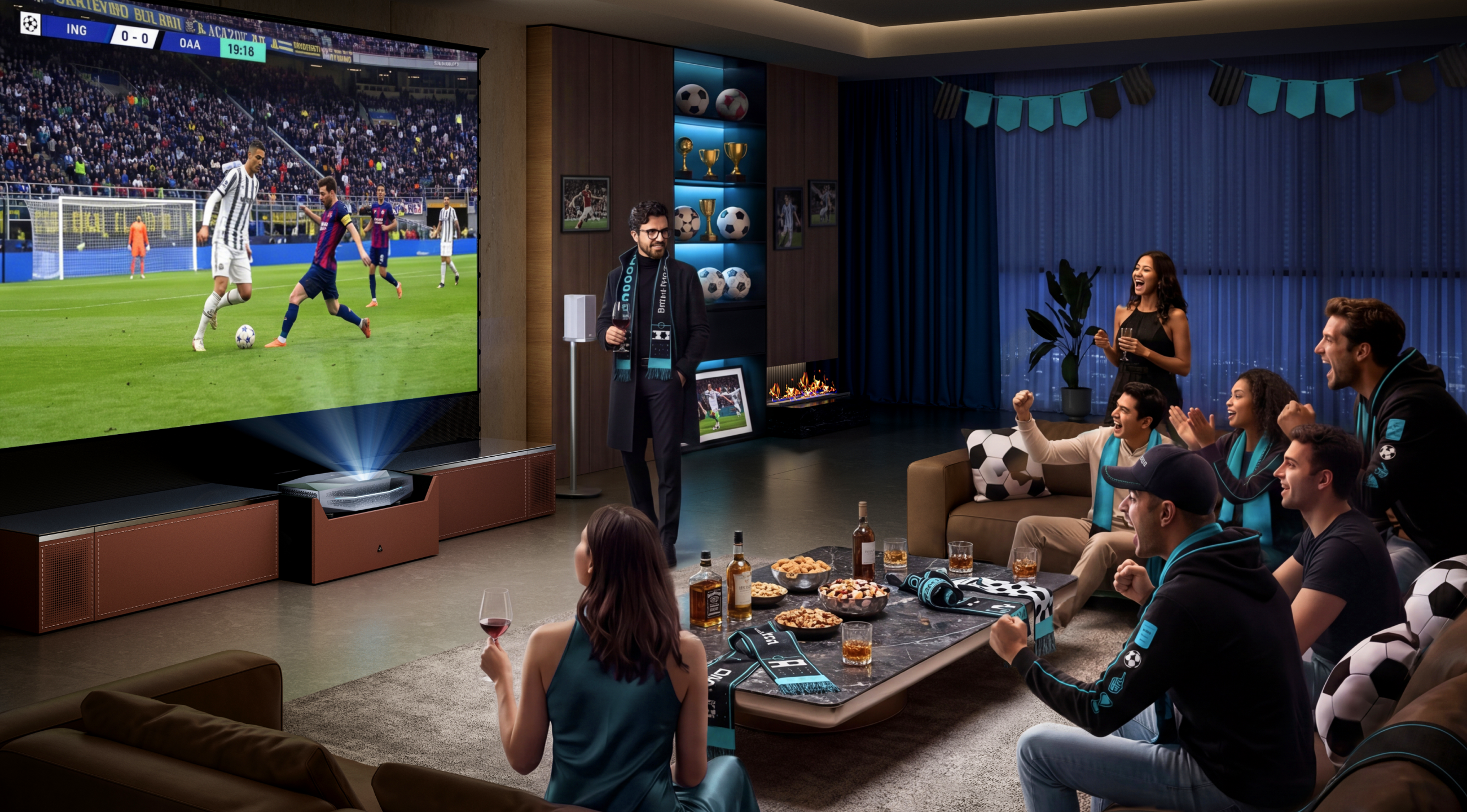 AWOL Vision sports game day watch party with big-screen soccer and a cinematic home theater setup. 