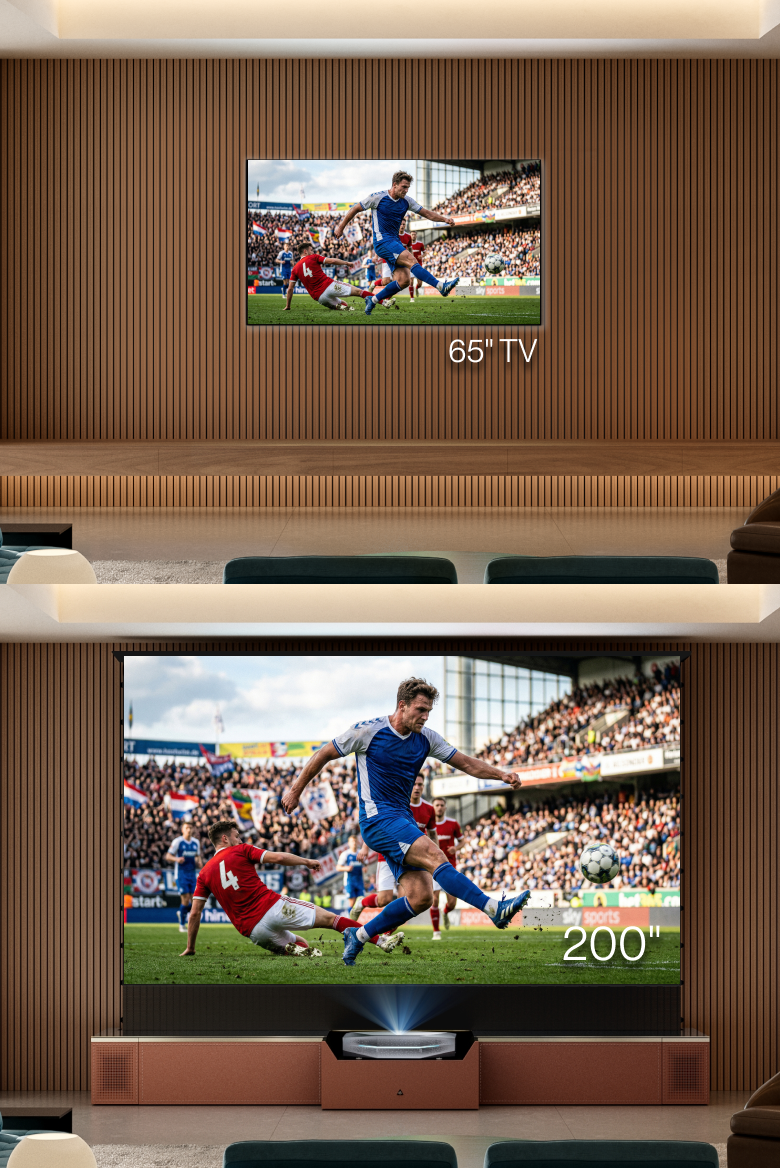 AWOL Vision game day projector showing a 200-inch soccer game compared with a 65-inch TV. 