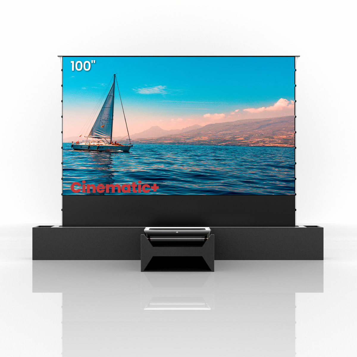 AWOL Vision LTV-3000 Pro showcases a stunning sailing scene on a 100-inch Cinematic+ screen, complemented by the sleek AWOL Vision Station.