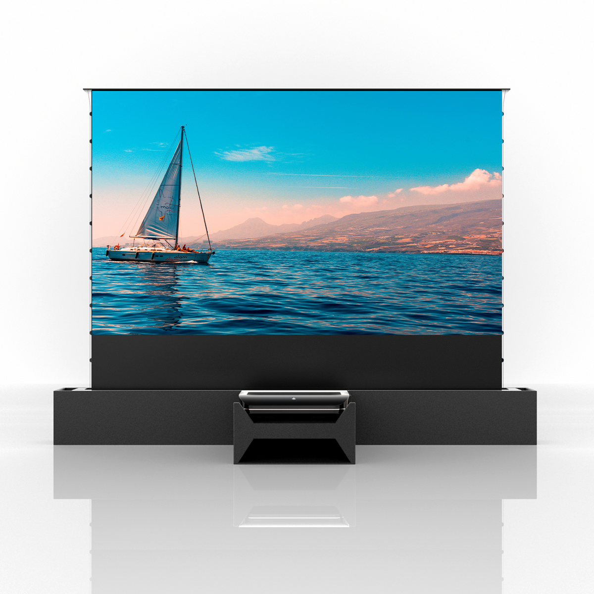AWOL Vision LTV-3000 Pro showcases a stunning sailing scene on a Cinematic+ screen.